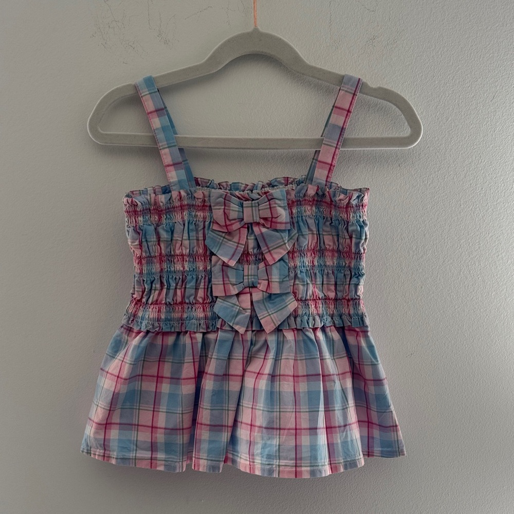 Janie and Jack Pink and Blue Plaid Smocked Bow Tank